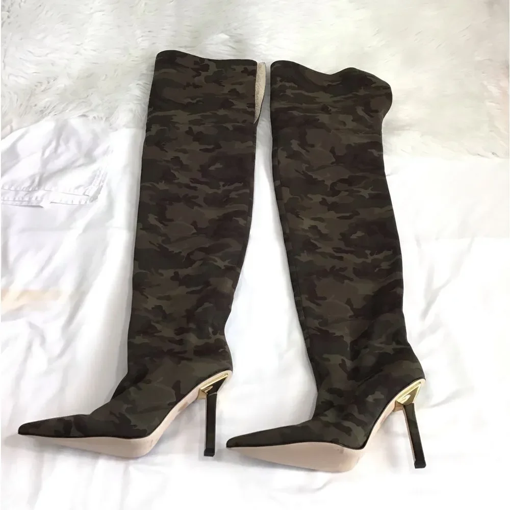 Good American Green Camo Neoprene High Kickstand Over The Knee Boots Size 9